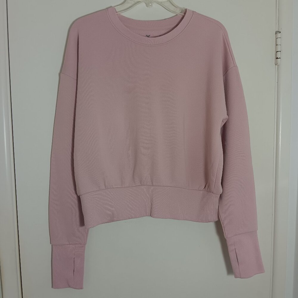 Xersion pink cropped crewneck sweatshirt ribbed hem thumb cuff women L athlesure